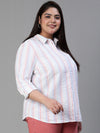 Women plus size stripe print button tab sleeve multicolor cotton shirt