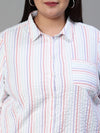 Women plus size stripe print button tab sleeve multicolor cotton shirt