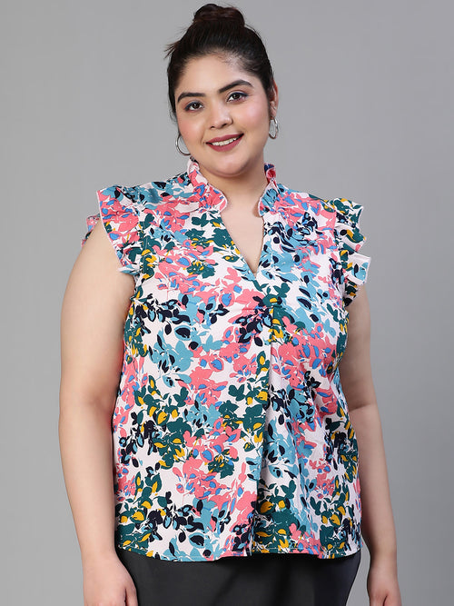 Freaky Floral Print Ruffled Multicolor Plus Size Women Top