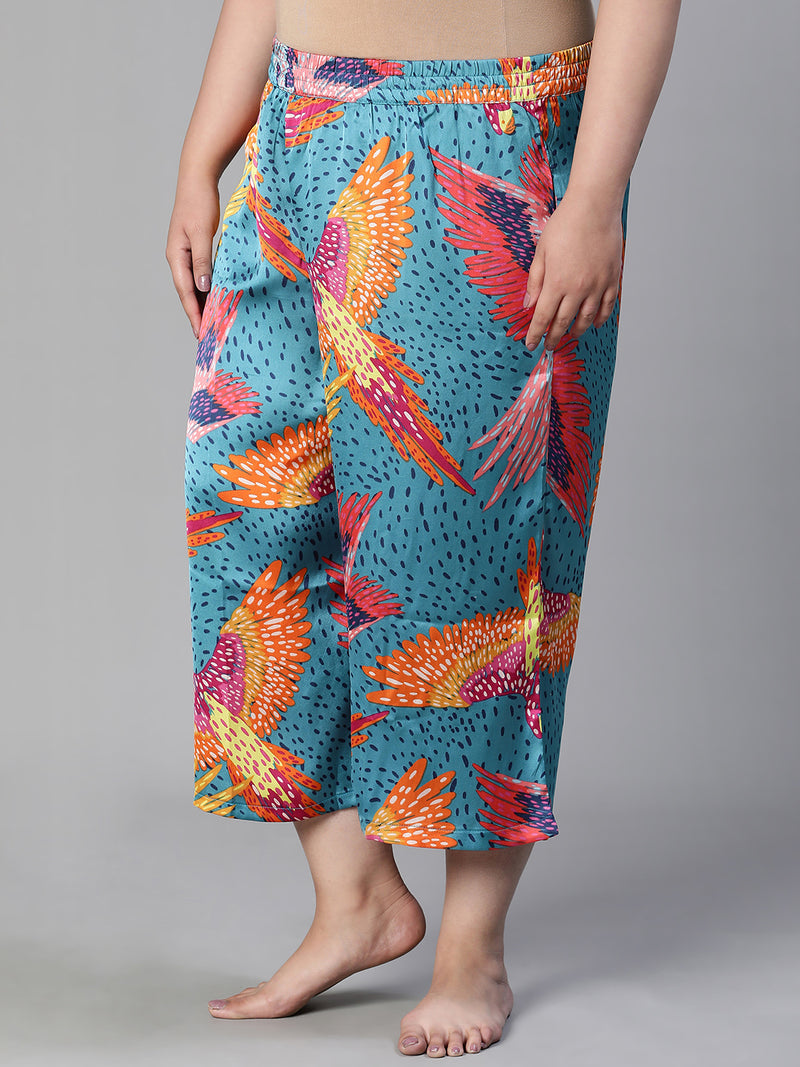 Happily Printed Elasticated Plus Size Women Nightwear Satin Culottes