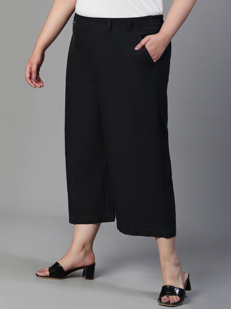 Plain Black Elasticated Plus Size Women Cotton Culotte