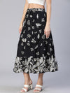 Women Floral Print Elasticated Flared Black Skirt