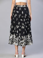 Women Floral Print Elasticated Flared Black Skirt