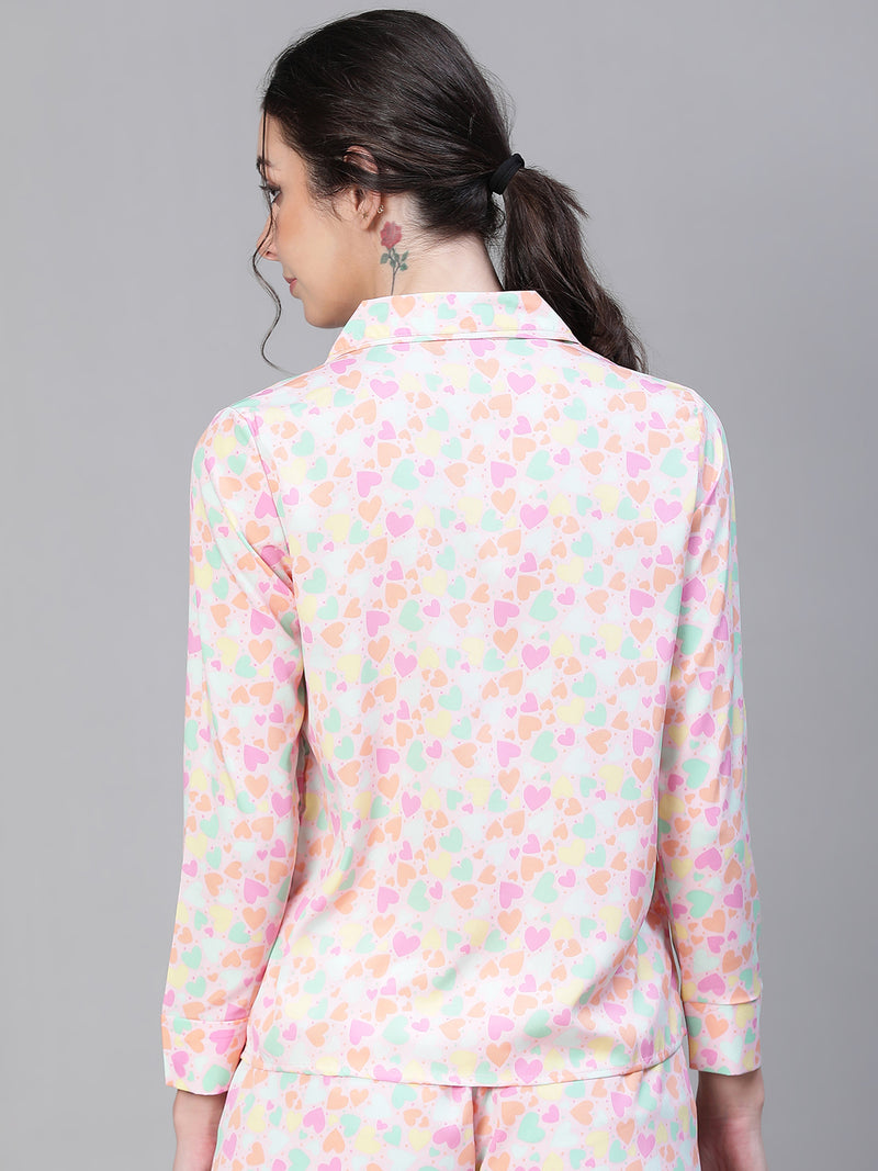 Women floral print collared multicolor nightwear shirt