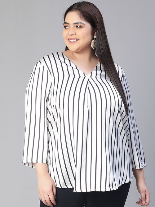 Women white stripe print v-neck long sleeve plus size top