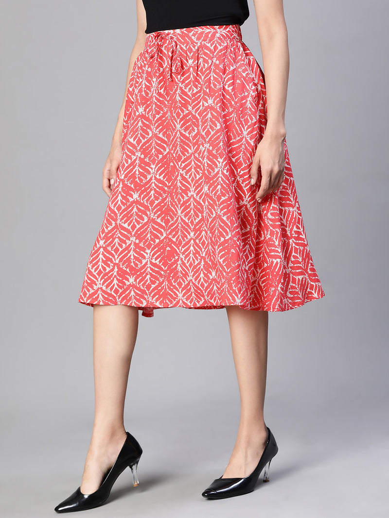 Women red printed elasticatedwith tie-up knee length skirt