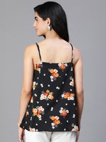 Women floral print black shoulder strap round neck top