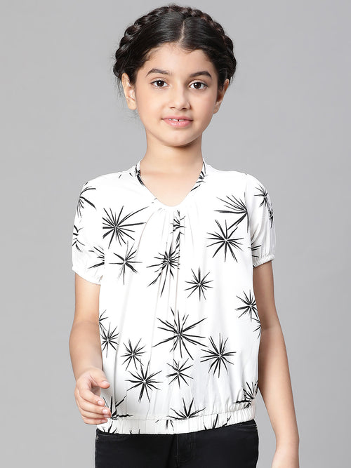 Girl floral print white round neck elasticated top