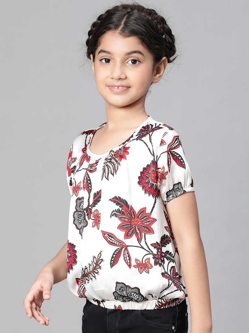 Girl floral print multicolor round neck elasticated top