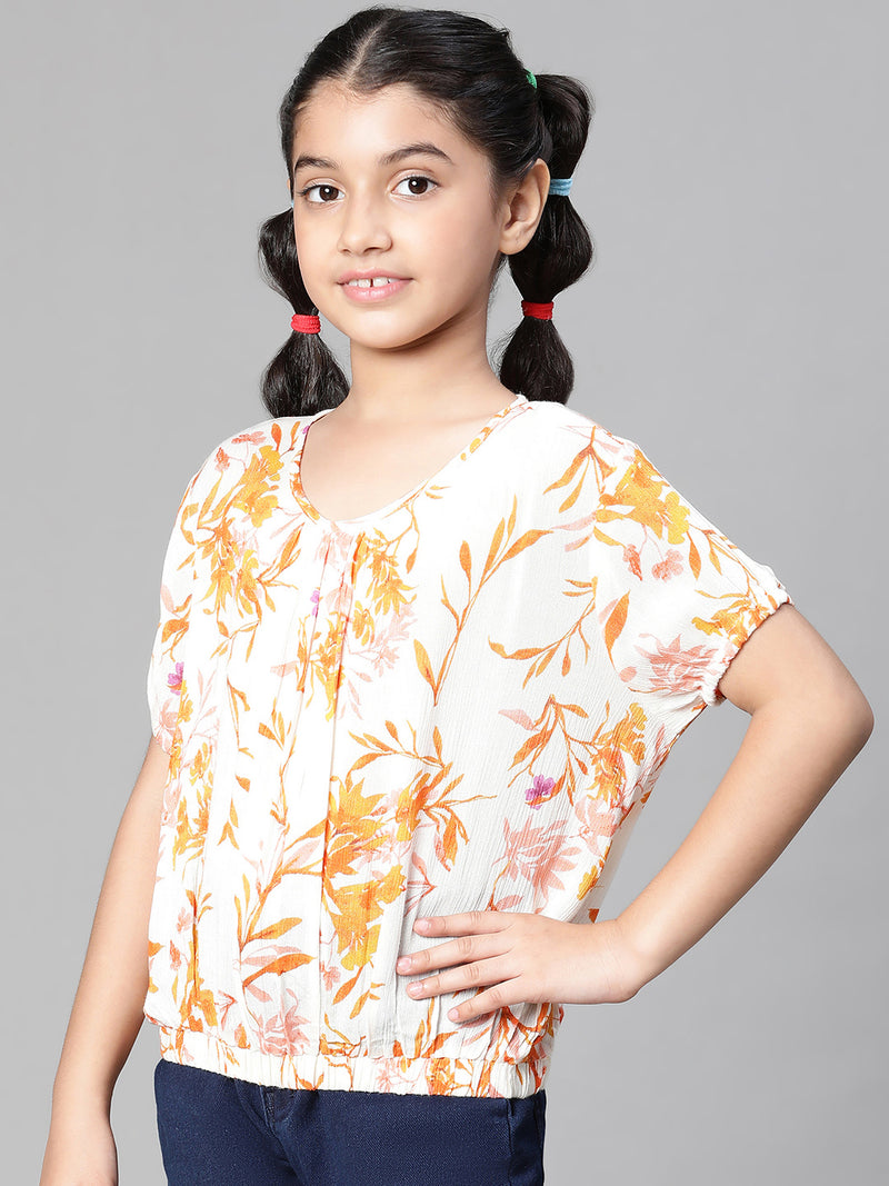 Girl floral print orange round neck elasticated top