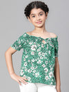 Girl floral print green tie-up round neck top