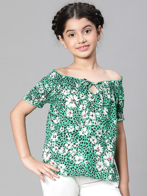 Girl floral print green tie-up round neck top