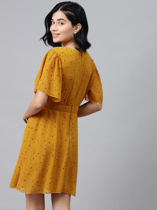 Mustard Flock Print Skater Dress