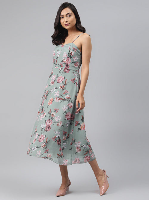 Olive Floral Strappy Midi Dress