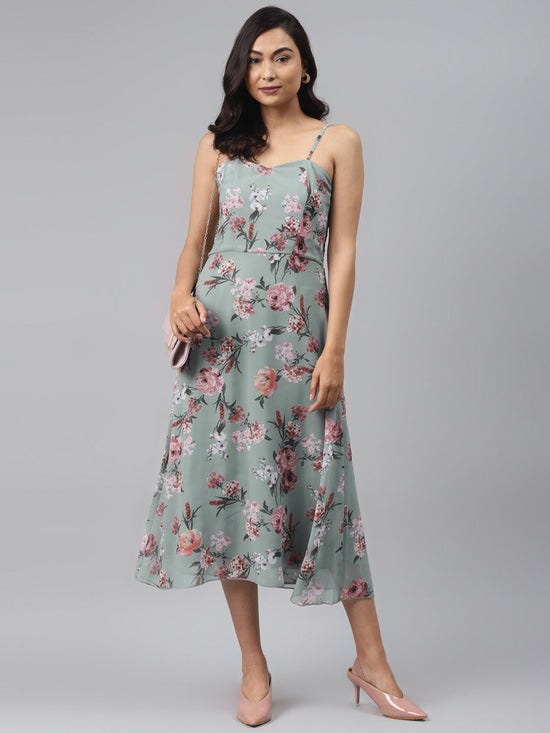 Olive Floral Strappy Midi Dress