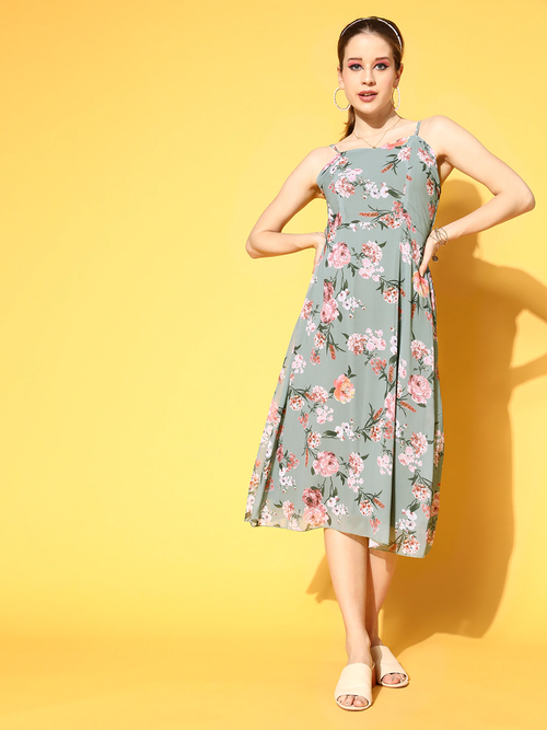 Women Olive Floral Strappy Midi Dress