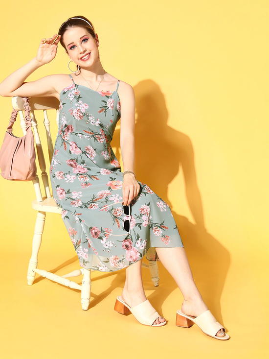 Women Olive Floral Strappy Midi Dress