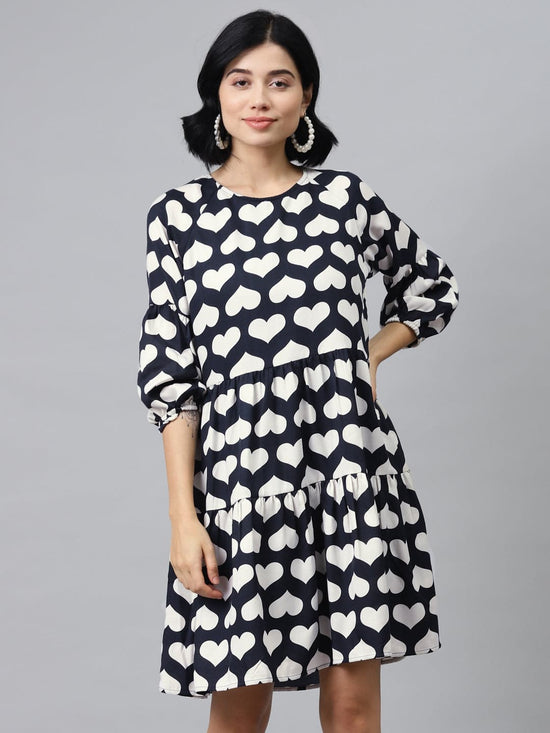 Navy Heart Print Tiered Dress