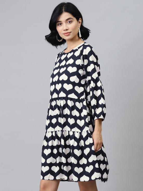 Navy Heart Print Tiered Dress