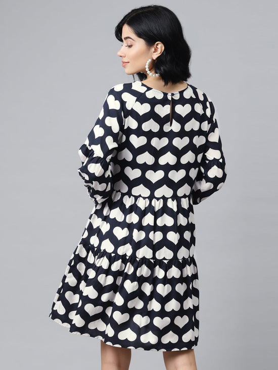 Navy Heart Print Tiered Dress