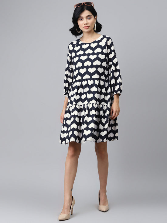 Navy Heart Print Tiered Dress