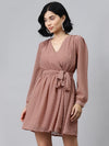 Dusty Pink Wrap Full Sleeves Dress