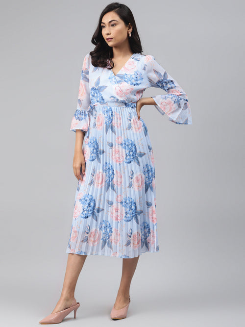 Light Blue Floral Pleated Midi Dress