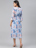 Light Blue Floral Pleated Midi Dress