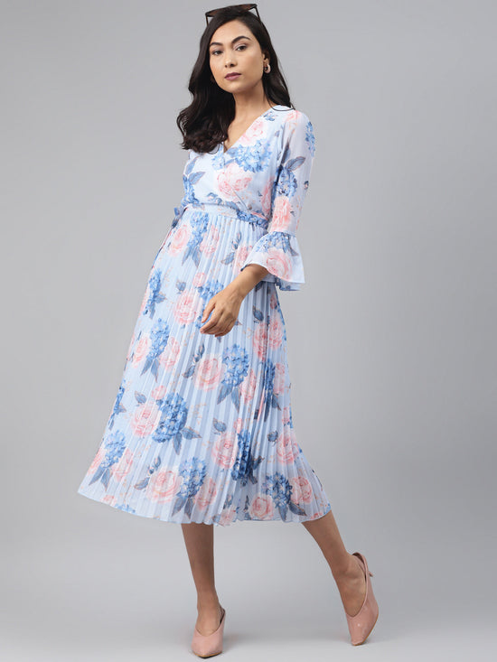 Light Blue Floral Pleated Midi Dress