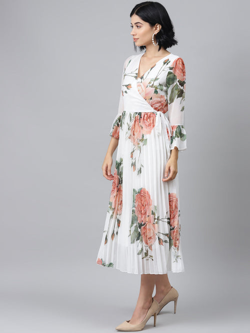 White Floral Pleated Midi Dress