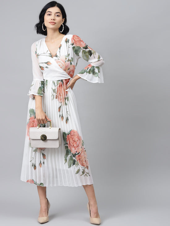 White Floral Pleated Midi Dress