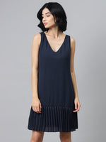 Navy Pleated Frill Hem Dress