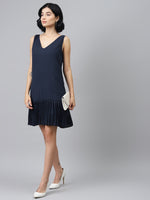 Navy Pleated Frill Hem Dress