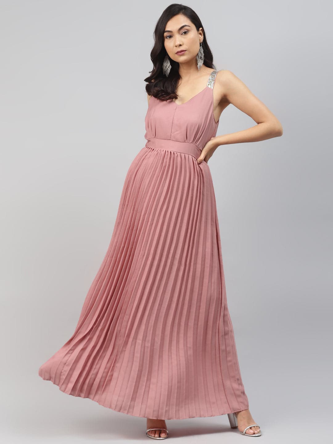 Buy Women Pink Sequin Straps Pleated Maxi Dress Online At Best Price 