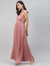 Pink Sequin Straps Pleated Maxi Dress