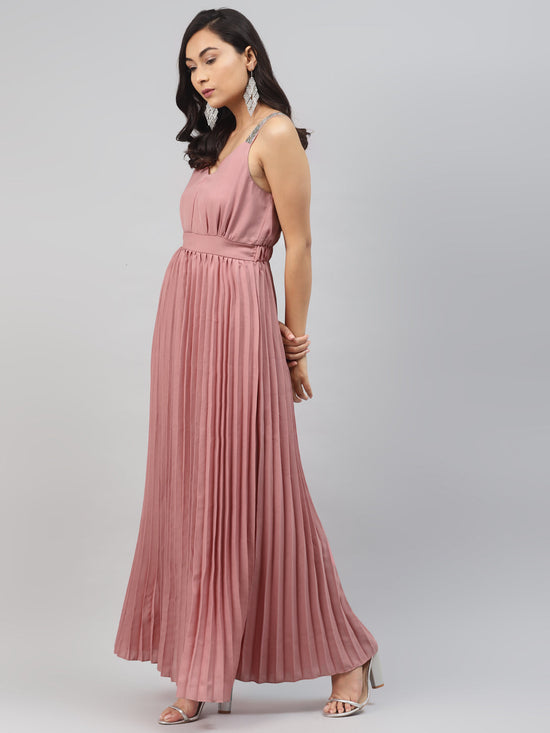 Pink Sequin Straps Pleated Maxi Dress