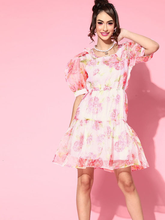 Women White Floral Puff Sleeve Tiered Dress