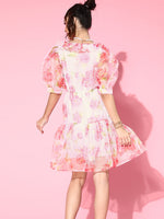 Women White Floral Puff Sleeve Tiered Dress