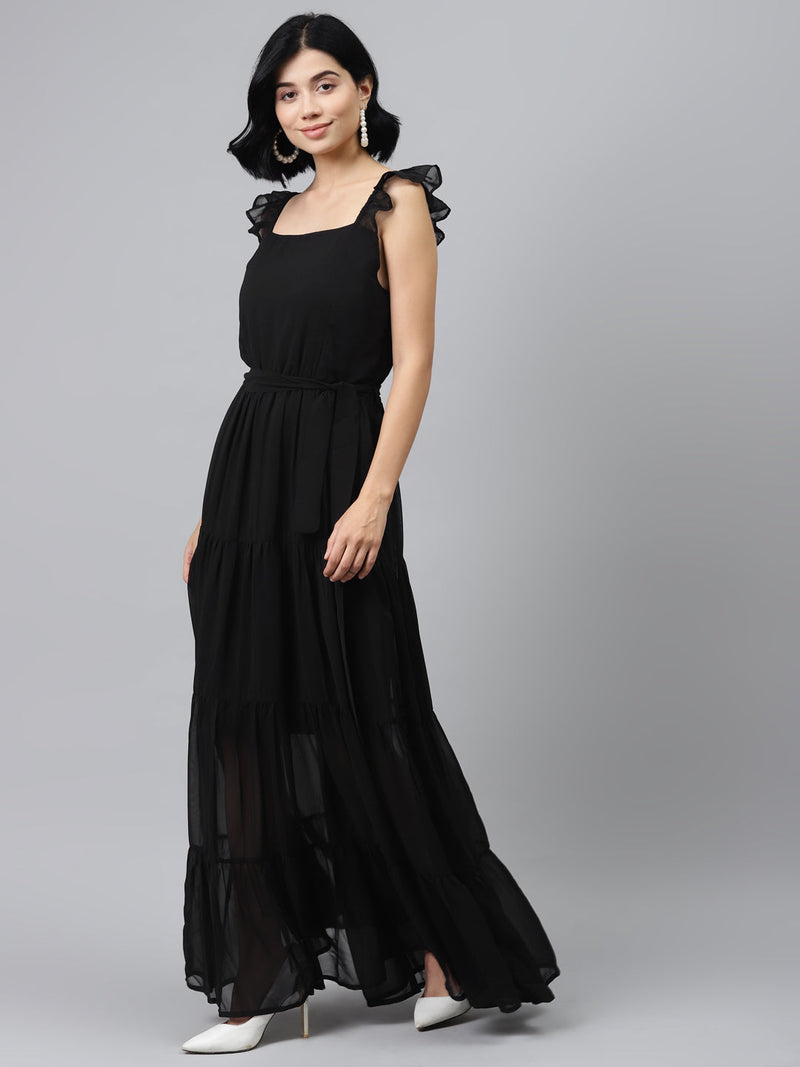 Black Frilly Straps Tiered Maxi Dress