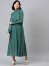 Emerald Green Neck Tie-Up Pleated Dress