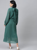 Emerald Green Neck Tie-Up Pleated Dress