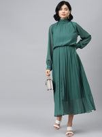 Emerald Green Neck Tie-Up Pleated Dress