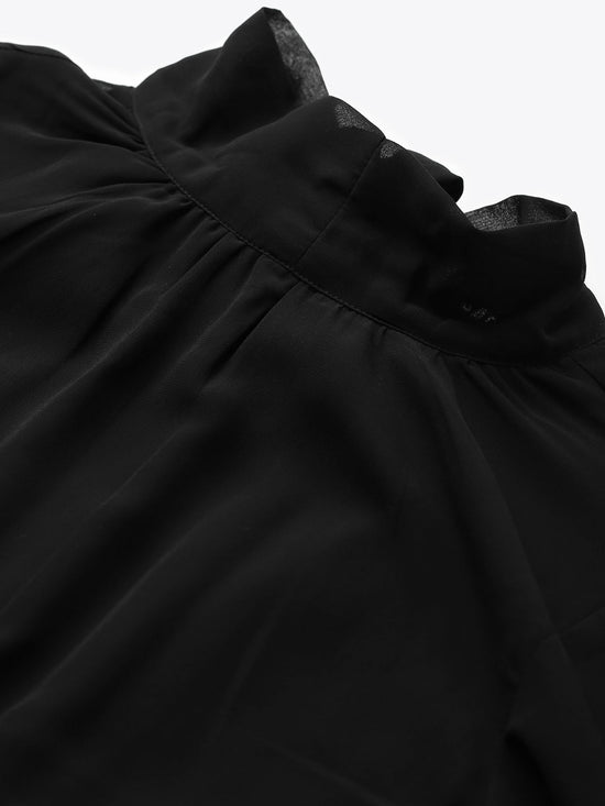 Black Neck Tie-Up Pleated Dress