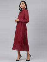 Maroon Neck Tie-Up Pleated Dress