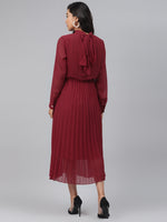 Maroon Neck Tie-Up Pleated Dress