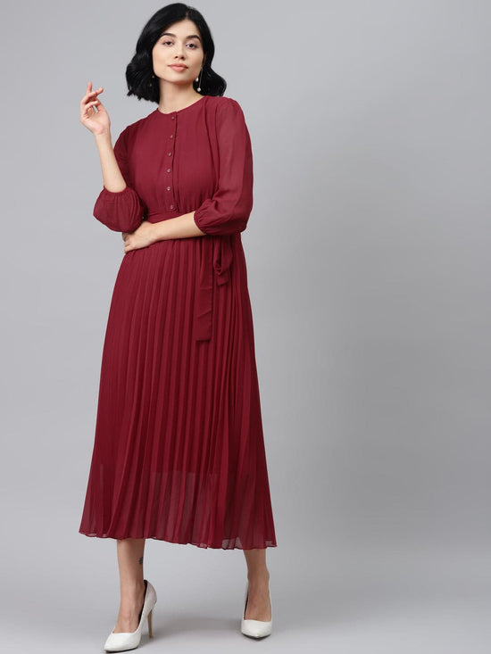 Maroon Pleated Midi Dress