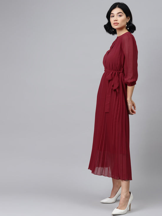 Maroon Pleated Midi Dress