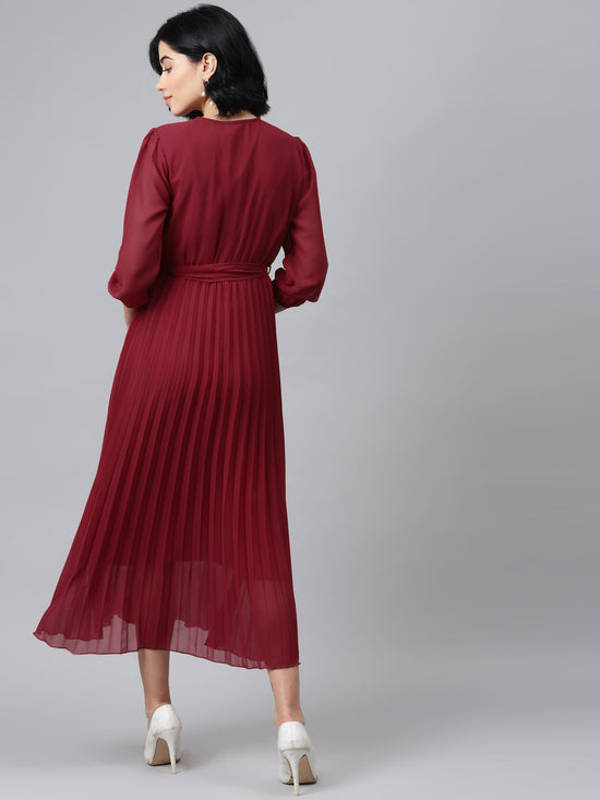 Maroon Pleated Midi Dress