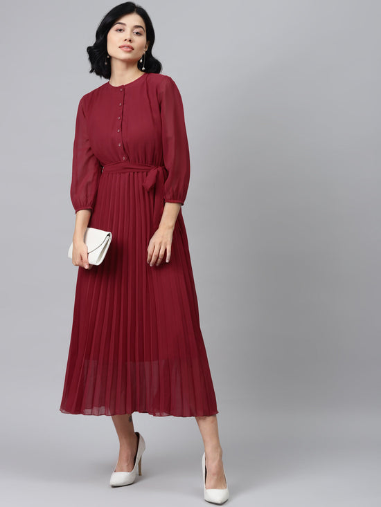 Maroon Pleated Midi Dress