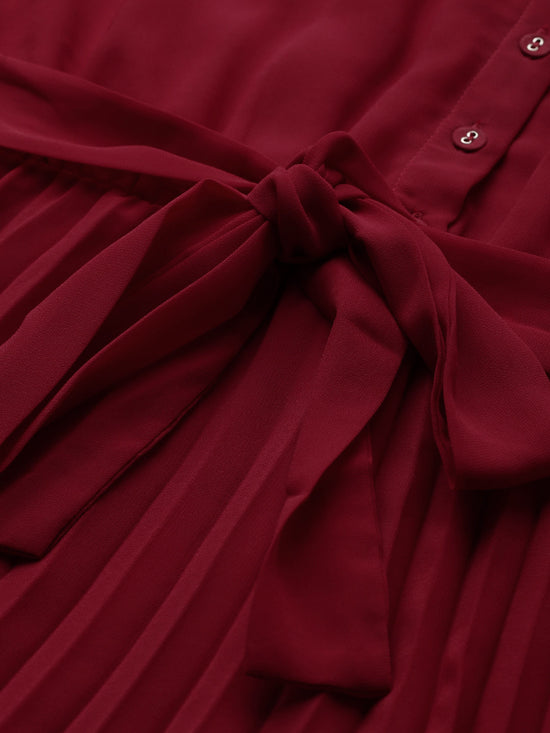 Maroon Pleated Midi Dress